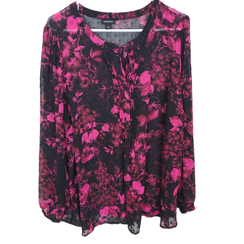 Torrid Womens 3X Black Pink Floral Sheer Chiffon Clip Dot Button-Front Blouse